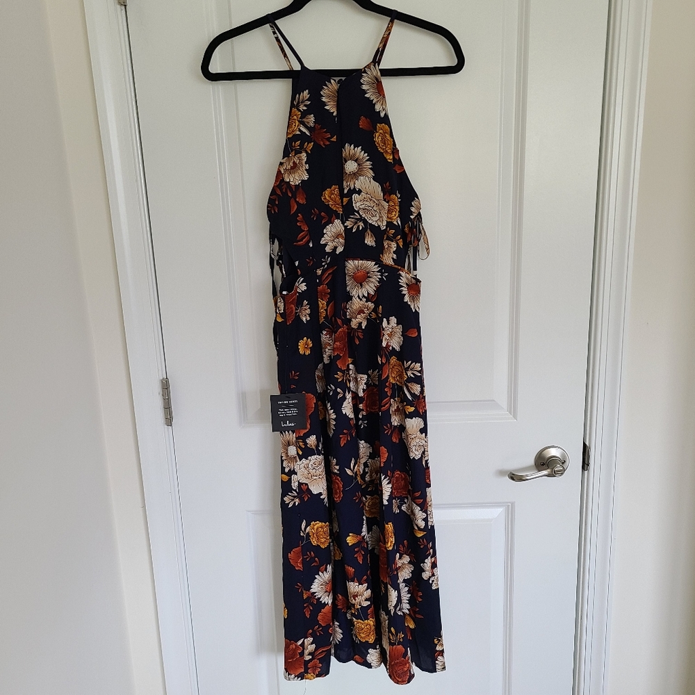 NWT Lulus Flourishing Flirt Navy Blue Floral Cutout Halter Midi Dress - Picture 7 of 8